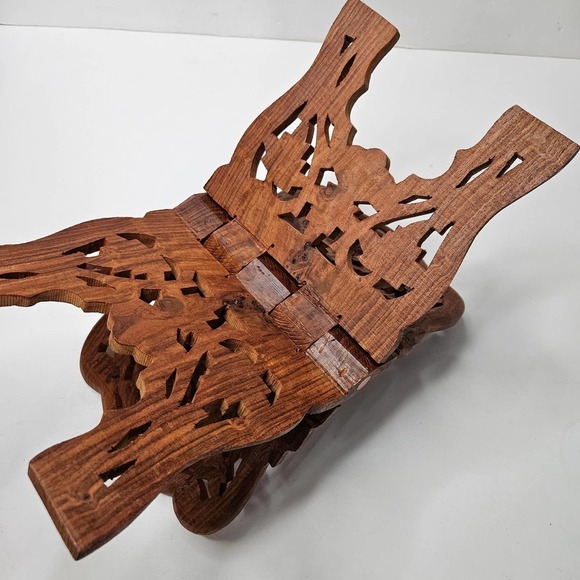 Hand Carved Wooden Book Holder Cookbook Stand Countertop Bohemian Boho India - Picture 3 of 12